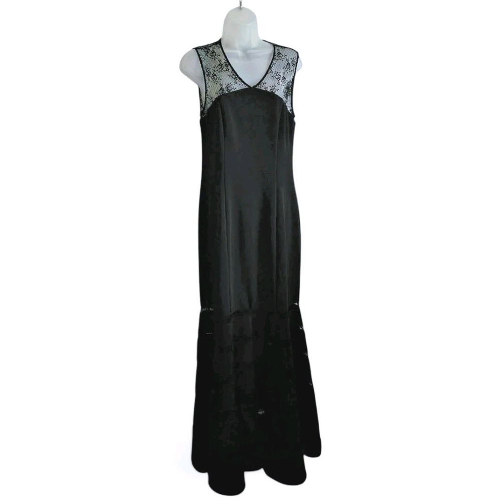 JS Collections Black Sleeveless Vee Neck‎ Lace Illusion Mermaid Gown Size 10 EUC
